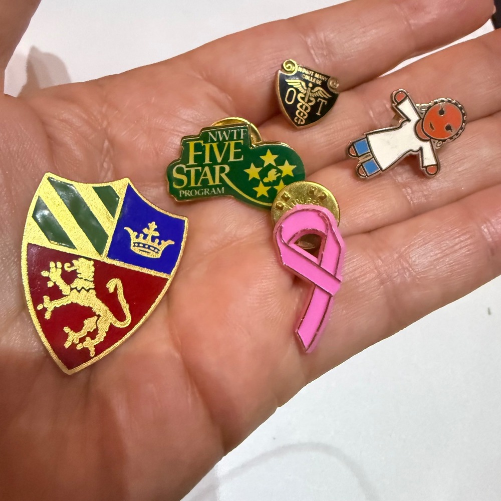 Vintage Enamel Pin Lot 5 Heraldic Lion Breast Cancer Mount Mary College Girl